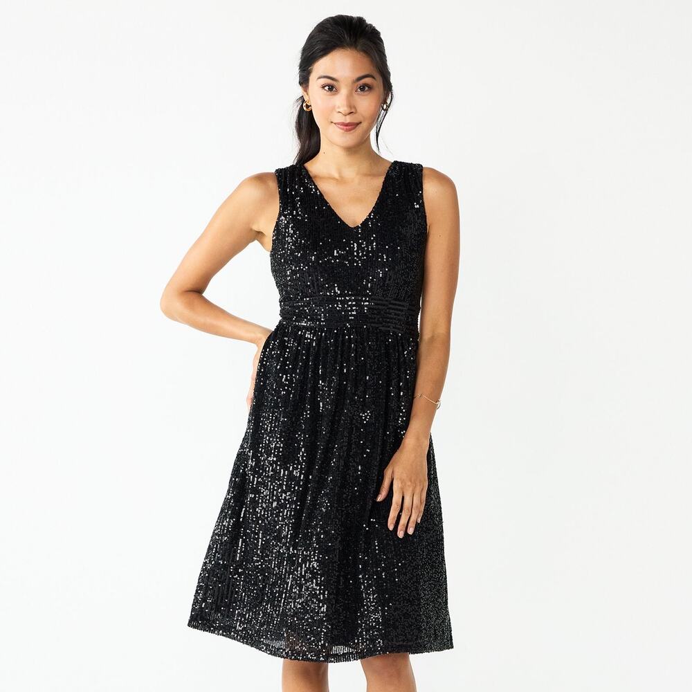 Draper James Black Sequin V Neck Dress Sz 8 Holiday Party Event New Years A Line
